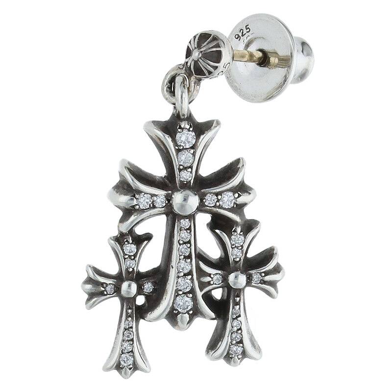 クロムハーツ Chrome Hearts　 3 CH CROSS DROP P D トリプルCHクロス PAVEダイヤ シルバーピアス(シルバー×クリア 2.57g)【402132】【OM10】【小物】【中古】bb205#rinkan*B