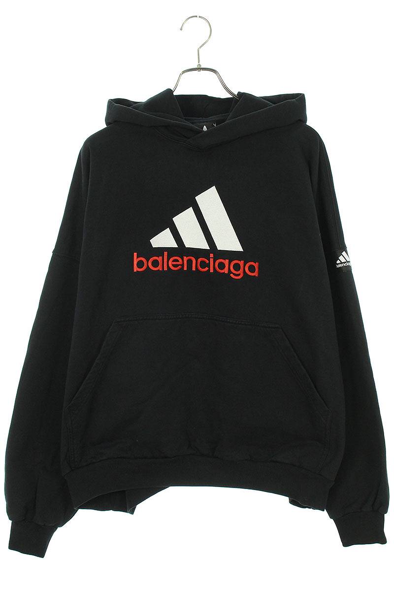 バレンシアガ BALENCIAGA　×アディダス adidas サイズ:1 22AW 724568 TNVP9 ダブルネームロゴ刺繍オーバーサイズパーカー(ブラック)【812132】【SB01】【メンズ】【中古】bb127#rinkan*B