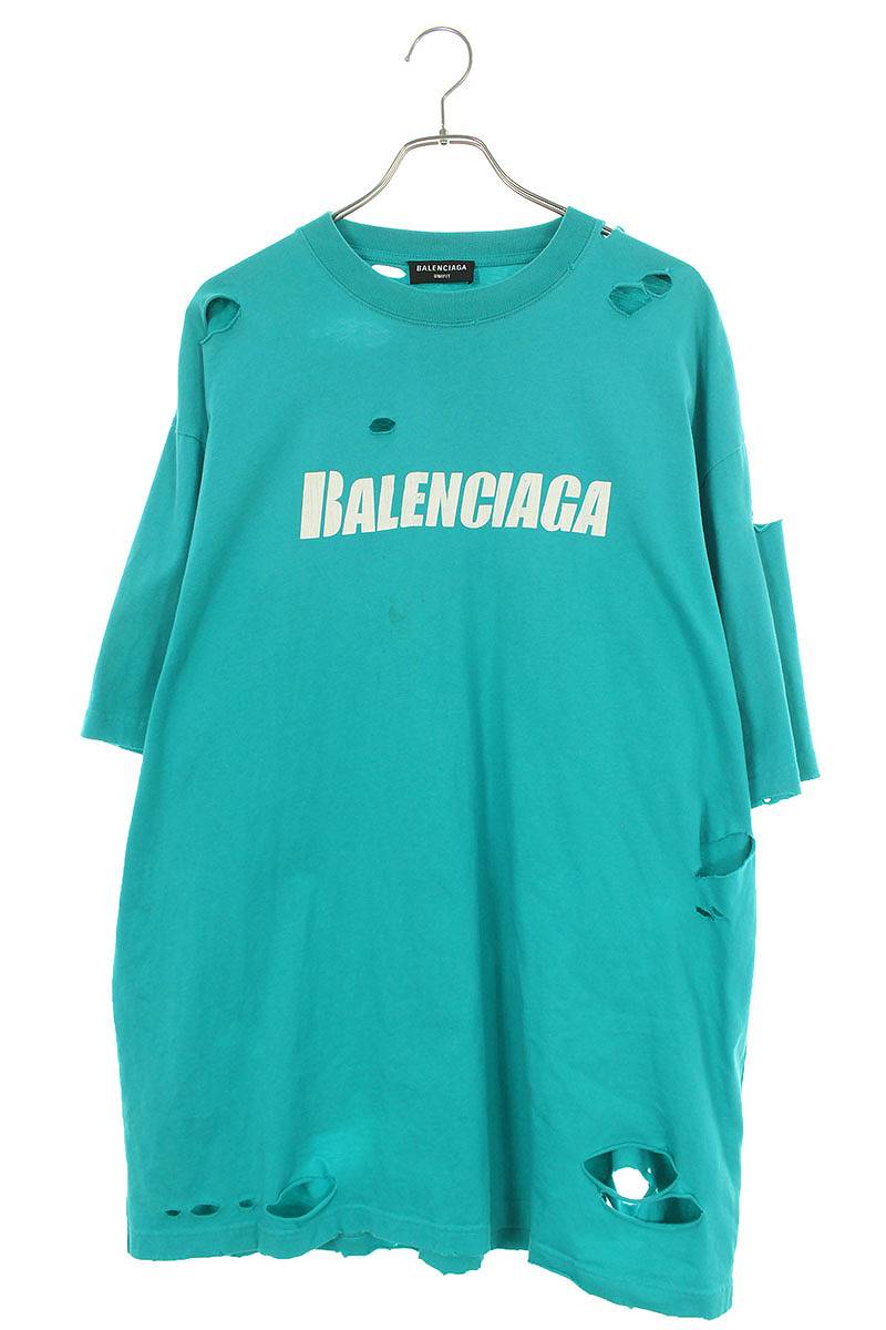 バレンシアガ BALENCIAGA　サイズ:S 21SS 651795 TKVB8 デストロイ加工ロゴプリントTシャツ(グリーン×ホワイト)【415042】【SS13】【メンズ】【レディース】【中古】bb355#rinkan*B