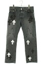 クロムハーツ Chrome Hearts　サイズ:32インチ JEAN SL FLEURKNEE クロスパッチ付きウォッシュドフレアニーステッチデニムパンツ(ブラック×ホワイト)【822132】【SJ02】【メンズ】【中古】bb210#rinkan*S