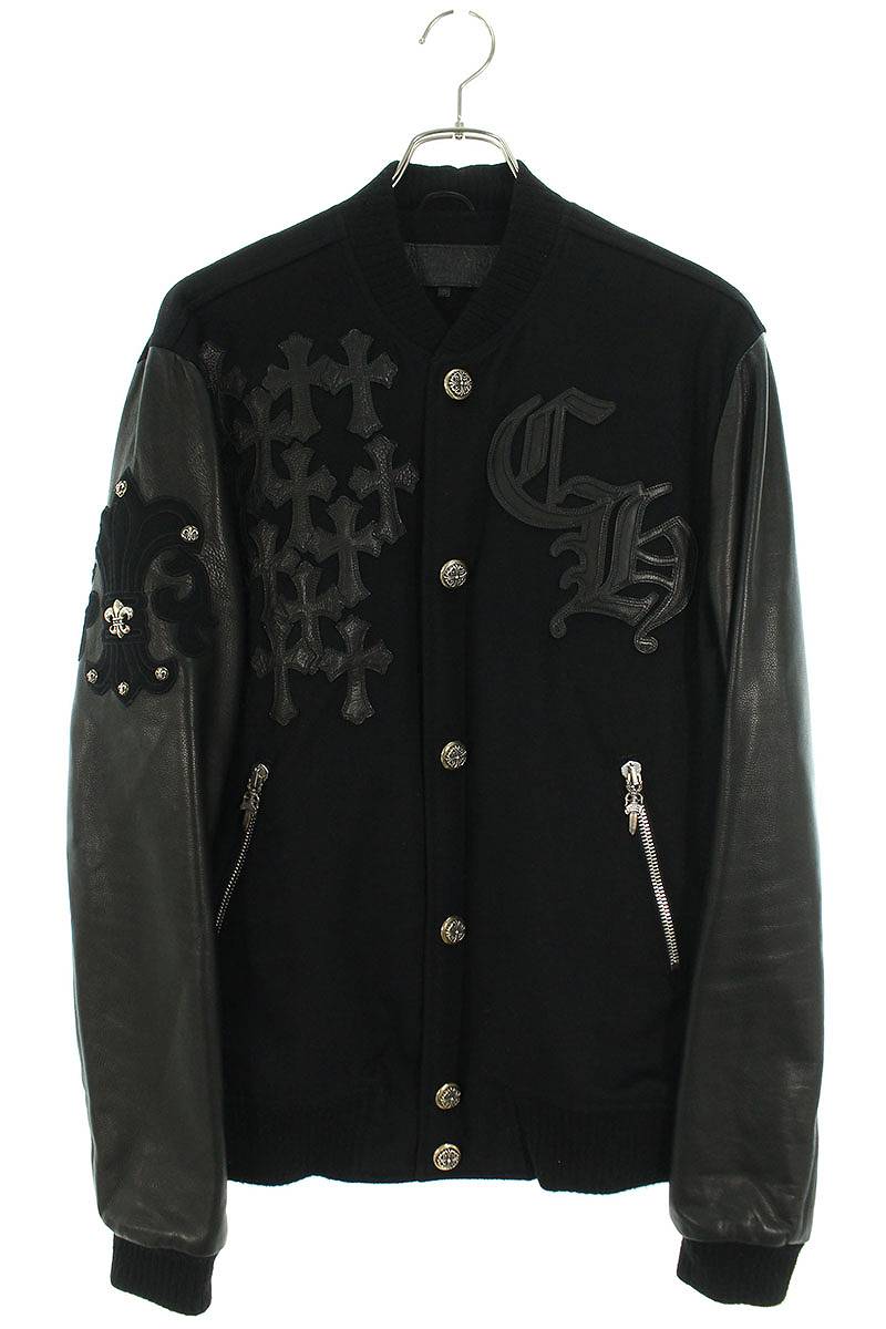 クロムハーツ Chrome Hearts　サイズ:M LETTERMAN レターマン CHマルチレザーパッチレザースリーブブルゾン(ブラック×シルバー)【011042】【GZ11】【メンズ】【中古】bb317#rinkan*B