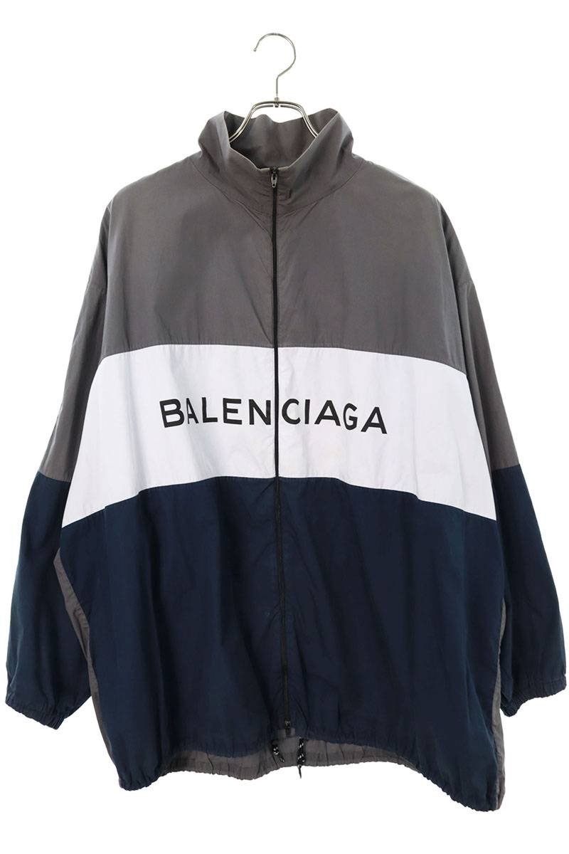 バレンシアガ BALENCIAGA　サイズ:40 508901 TWB13 ロゴプリントポプリンシャツブルゾン(グレー×ネイビー×ホワイト)【102042】【BS99】【メンズ】【中古】bb380#rinkan*C