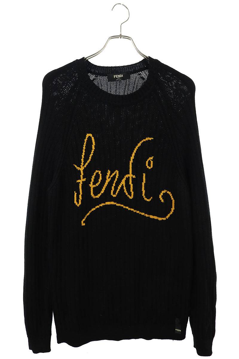 フェンディ FENDI　サイズ:52 FZY451 AH33 ロゴ刺繍クルーネックニット(ブラック)【921042】【OM10】【メンズ】【中古】bb294#rinkan*B