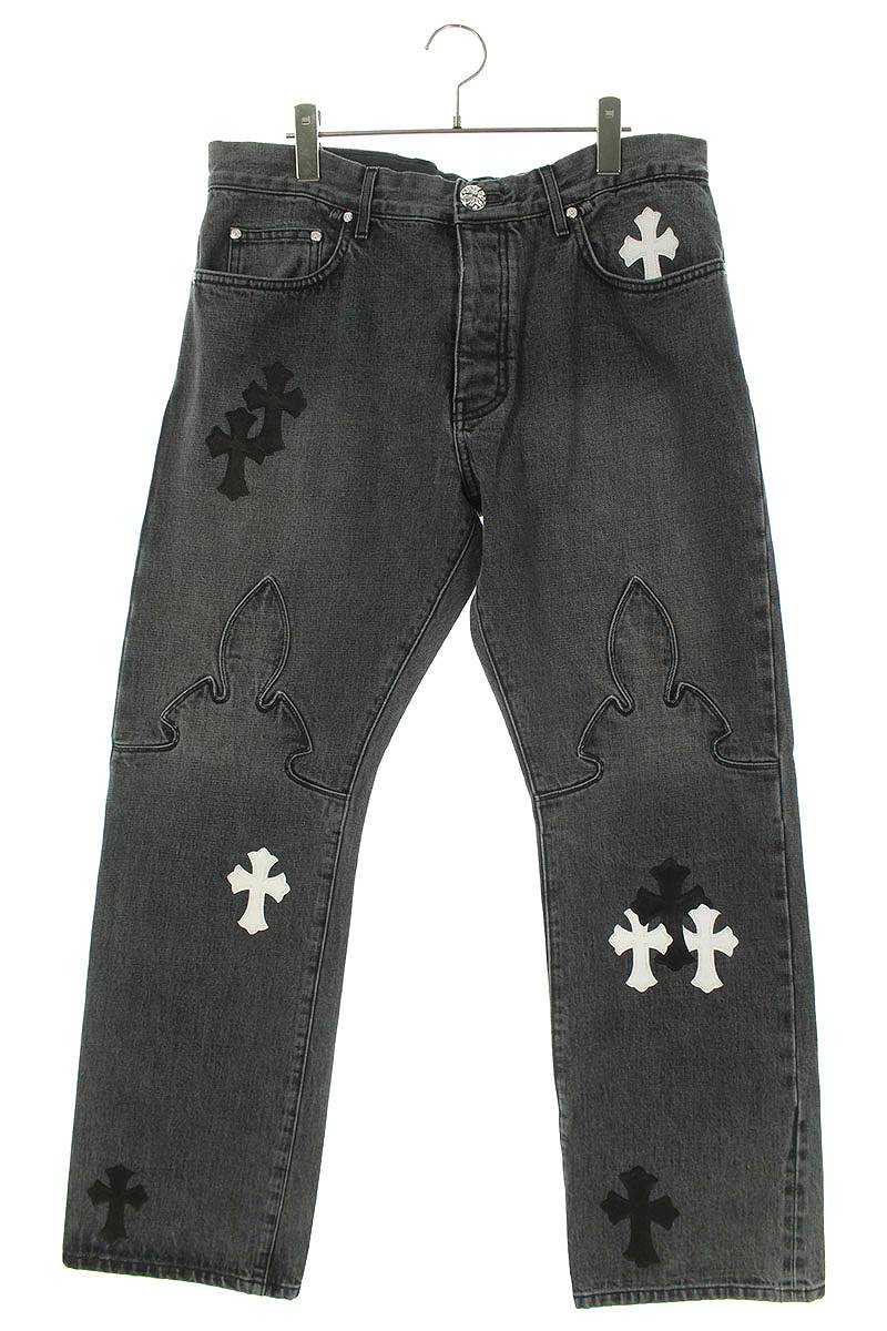 クロムハーツ Chrome Hearts　サイズ:36インチ JEAN SL FLEURKNEE クロスパッチ付きウォッシュドフレアニーステッチデニムパンツ(ブラック×ホワイト)【102042】【GZ11】【メンズ】【中古】bb212#rinkan*S