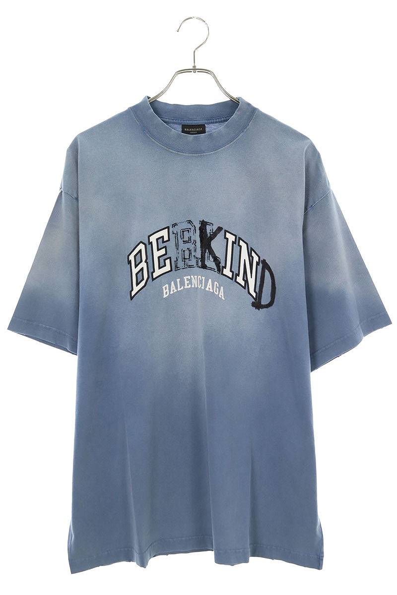 バレンシアガ BALENCIAGA　サイズ:M 23AW 764235 TPVD5 BE KINDプリントダメージ加工Tシャツ(ブルー調)【312042】【SS13】【メンズ】【中古】bb132#rinkan*B