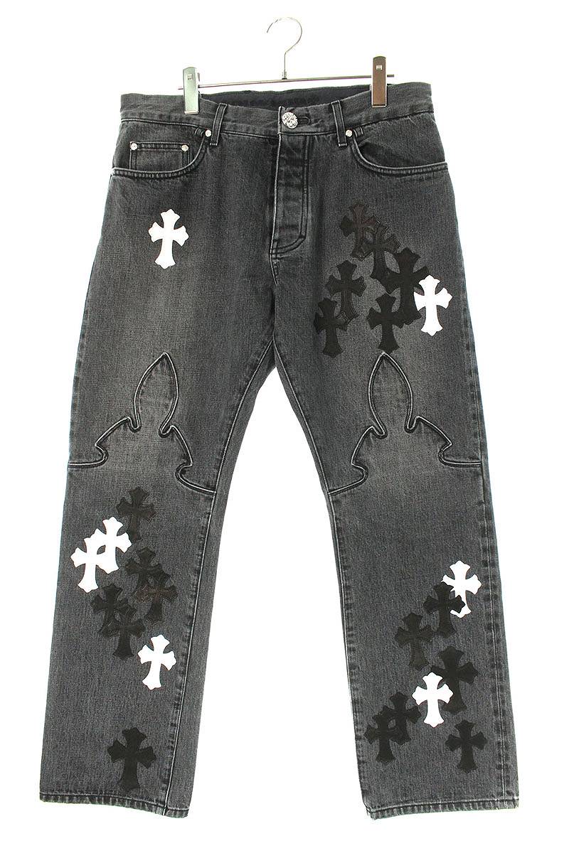 クロムハーツ Chrome Hearts　サイズ:34インチ JEAN SL FLEURKNEE クロスパッチ付きウォッシュドフレアニーステッチデニムパンツ(ブラック×ホワイト×シルバー)【612042】【OM10】【メンズ】【中古】bb316#rinkan*B