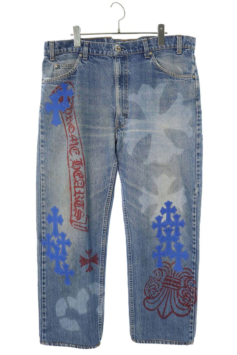 クロムハーツ Chrome Hearts　サイズ:34インチ STENCIL DENIM ステンシル ペイントデザインクロスパッチ付きデニムパンツ(インディゴ×ブルー×レッド)【322042】【GZ11】【メンズ】【中古】bb376#rinkan*A