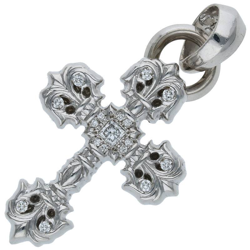 クロムハーツ Chrome Hearts　 18K FILIG CROSS-XSM P D フィリグリークロスXS PAVEダイヤ ホワイトゴールドネックレストップ(ホワイトゴールド×クリア 41.51g)【522042】【GZ11】【小物】【中古】bb310#rinkan*A