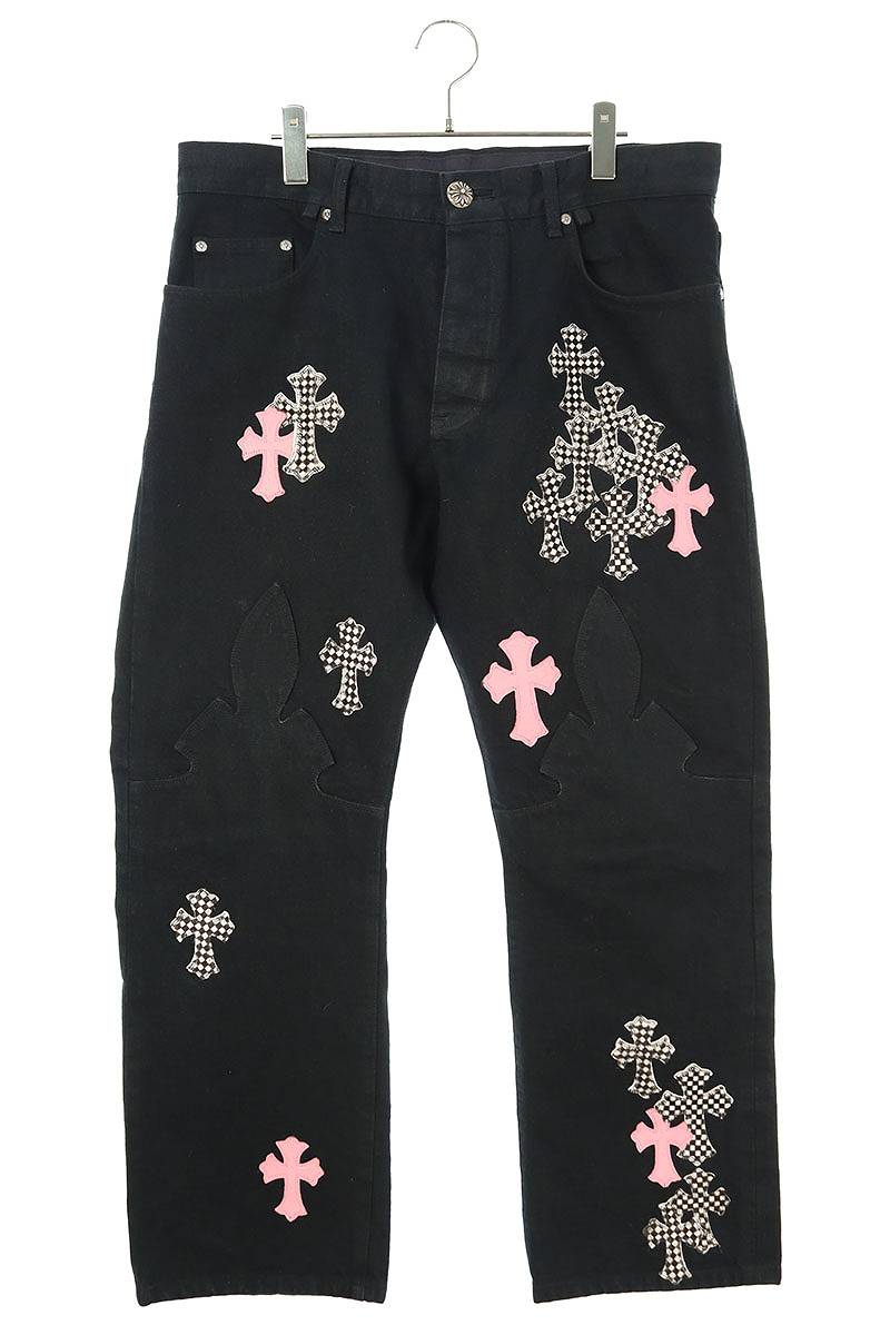 クロムハーツ Chrome Hearts　サイズ:36インチ JEAN STRTLG FBRC デニムクロスパッチストレートデニムパンツ(ブラック×ピンク×ホワイト)【622042】【SJ02】【メンズ】【中古】bb210#rinkan*B