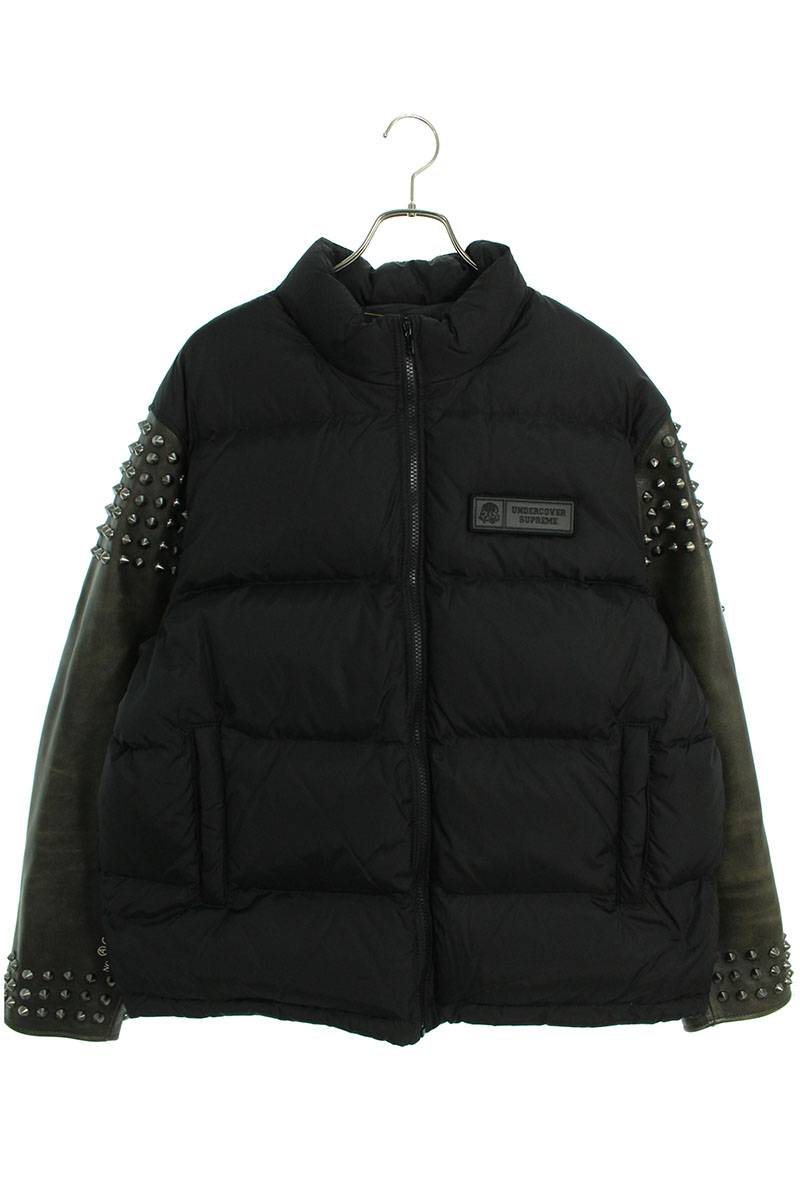 シュプリーム SUPREME ×アンダーカバー UNDERCOVER サイズ:L 23SS Puffer Jacket アームレザースタッズデザインダウンジャケット(ブラック×カーキ調)【203042】【SB01】【メンズ】【中古】bb409 rinkan S