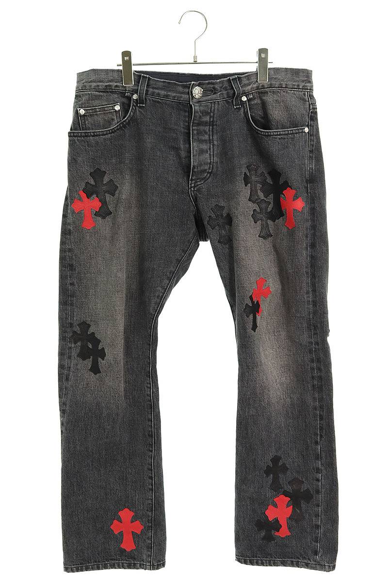 クロムハーツ Chrome Hearts　サイズ:34 JEAN STRTLG FBRC クロスパッチ付きウォッシュドデニムパンツ(ブラック×レッド)【403042】【SJ02】【メンズ】【中古】bb406#rinkan*B