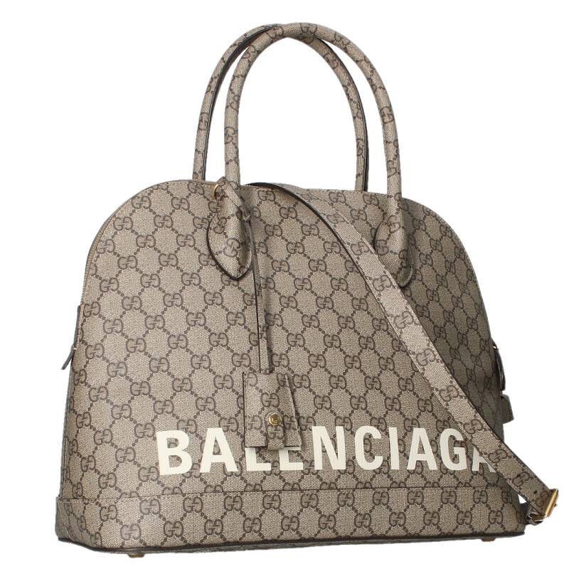 バレンシアガ BALENCIAGA　×グッチ GUCCI The Hacker Project Medium Ville Bag 681698 GG総柄ロゴプリント2WAYハンドバッグ(ベージュ)【603042】【SB01】【小物】【中古】bb297#rinkan*A