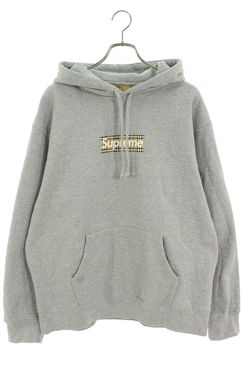 シュプリーム SUPREME　×バーバリー Burberry サイズ:L 22SS Burberry Box Logo Hooded Sweatshirt バーバリーボックスロゴパーカー(グレー)【123042】【OM10】【メンズ】【中古】bb51#rinkan*B