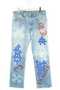 クロムハーツ Chrome Hearts　サイズ:31インチ STENCIL DENIM ステンシル ペイントデザインクロスパッチ付きデニムパンツ(ブルー)【123042】【SS07】【メンズ】【中古】bb51#rinkan*S