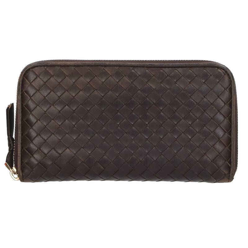 ボッテガヴェネタ BOTTEGA VENETA　 114076 レザーイントレチャートラウンドジップ財布(ブラウン)【823042】【BS99】【小物】【中古】bb212#rinkan*C