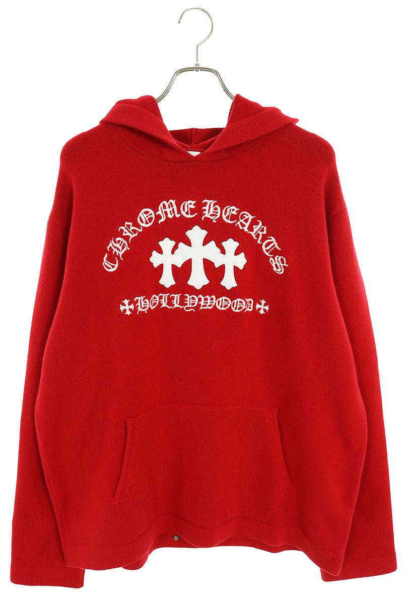 クロムハーツ Chrome Hearts　サイズ:XL SAILIN ON HD PLVR CHSMR セメタリークロスカシミアニットプルオーバーパーカー(レッド×ホワイト)【923042】【SS13】【メンズ】【中古】bb51#rinkan*S