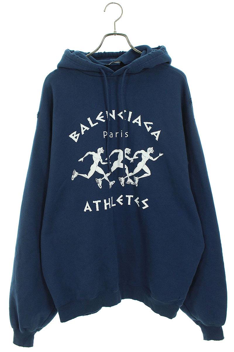 バレンシアガ BALENCIAGA　サイズ:XXS 641679 TJVI7 ダメージ加工アスリートプリントプルオーバーパーカー(ネイビー)【204042】【FK04】【メンズ】【中古】bb51#rinkan*B