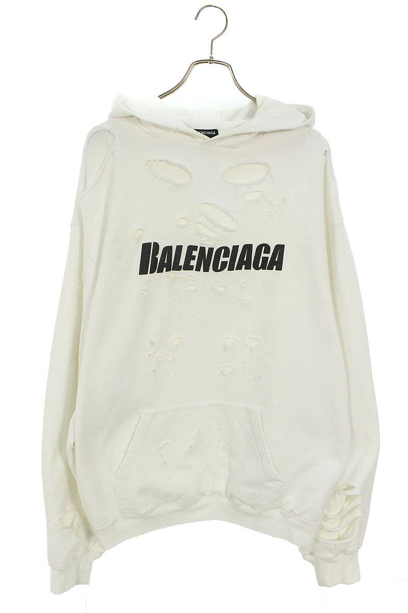 バレンシアガ BALENCIAGA　サイズ:XS 659403 TKBV6 デストロイ加工ロゴミディアムフリースパーカー(ホワイト)【304042】【SB01】【メンズ】【中古】bb376#rinkan*B