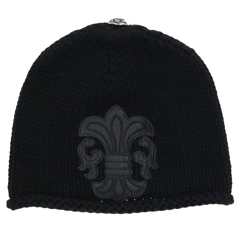 クロムハーツ Chrome Hearts　 BEANIE CASH レザーパッチビーニー BSフレアボタンレザーパッチカシミヤ帽子(ブラック)【504042】【SJ02】【小物】【中古】bb17#rinkan*A