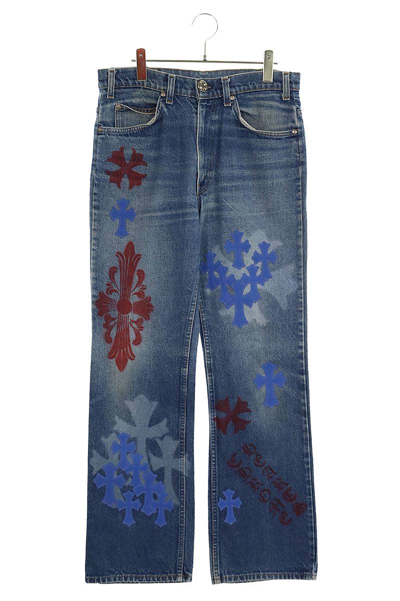 クロムハーツ Chrome Hearts　サイズ:32インチ STENCIL DENIM ステンシル ペイントデザインクロスパッチ付きデニムパンツ(ブルー×ブラック×レッド)【904042】【SJ02】【メンズ】【中古】bb406#rinkan*A