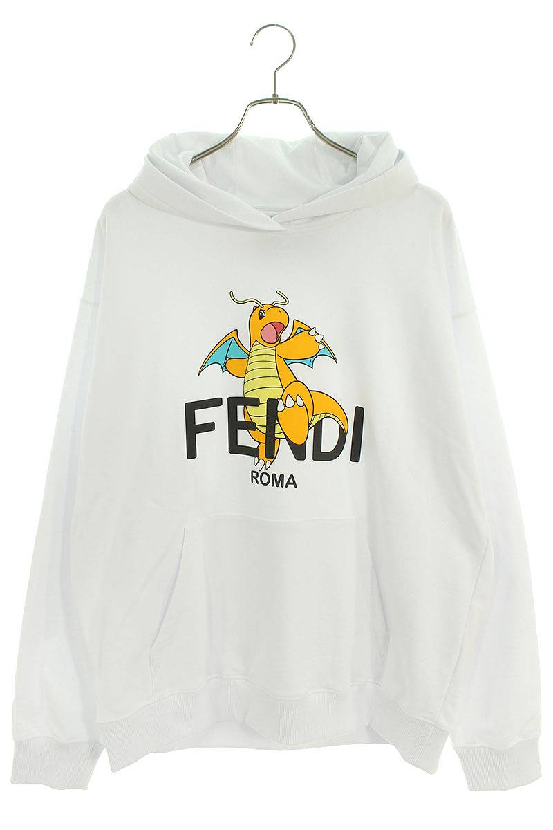 フェンディ FENDI　×フラグメントデザイン fragment design サイズ:L 24SS FY1143 AQJK ロゴキャラクタープリントプルオーバーパーカー(ホワイト)【414042】【OM10】【メンズ】【中古】bb205#rinkan*A