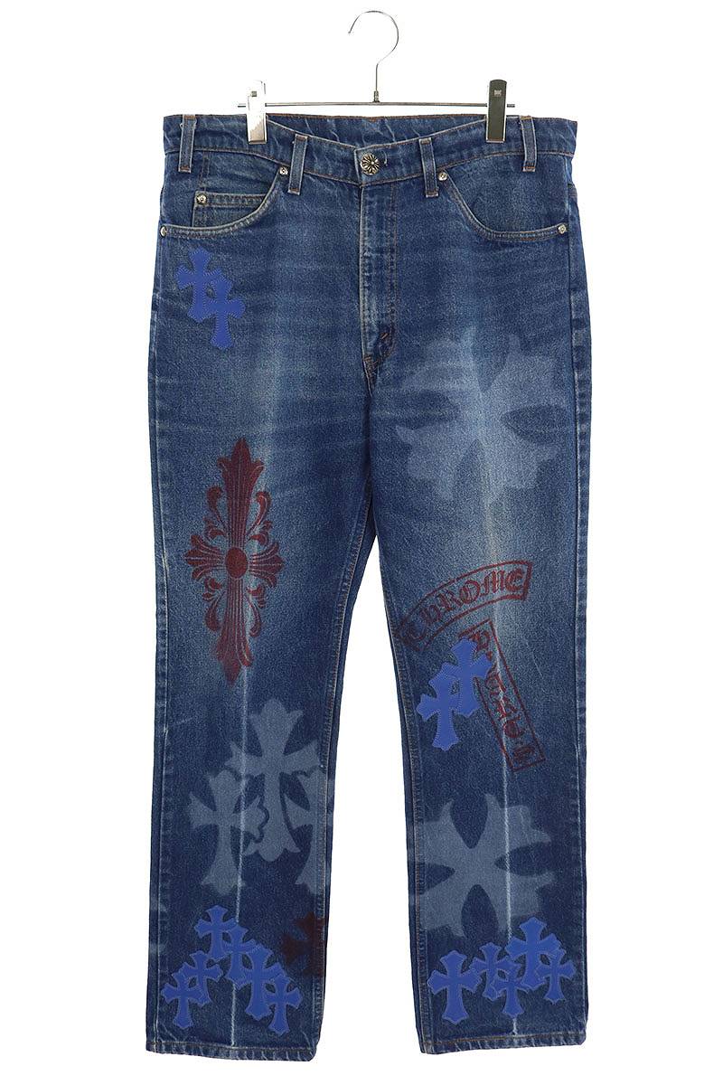 クロムハーツ Chrome Hearts　×リーバイス LEVI'S サイズ:33インチ STENCIL DENIM ステンシル ペイントデザインクロスパッチ付きデニムパンツ(ブルー×シルバー)【814042】【SS07】【メンズ】【中古】bb51#rinkan*S