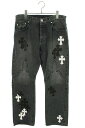 クロムハーツ Chrome Hearts　サイズ:34インチ JEAN SL FLEURKNEE クロスパッチ付きフレアニーステッチデニムパンツ(ブラック×ホワイト×シルバー)【724042】【SS07】【メンズ】【中古】bb306#rinkan*S