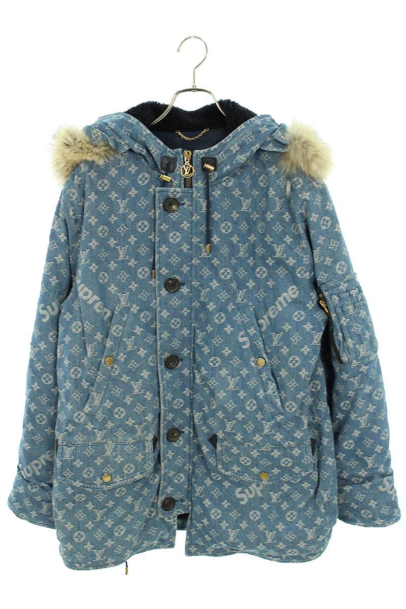 シュプリーム ルイヴィトン SUPREME LOUISVUITTON　サイズ:50 17AW LV Jacquard Denim N-3B デニムモノグラムコヨーテファーN-3Bミリタリコート(インディゴ)【924042】【SB01】【メンズ】【中古】bb295#rinkan*B