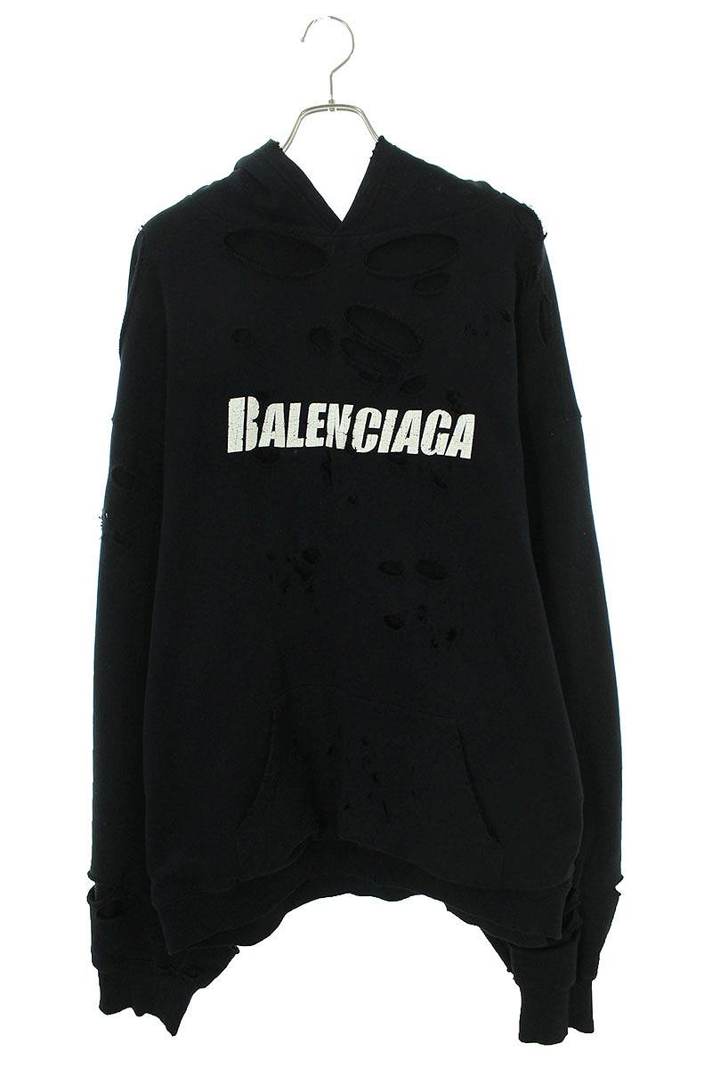 バレンシアガ BALENCIAGA　サイズ:M 659403 TKVB6 デストロイ加工ロゴミディアムフリースパーカー(ブラック)【605042】【OM10】【メンズ】【中古】bb360#rinkan*C