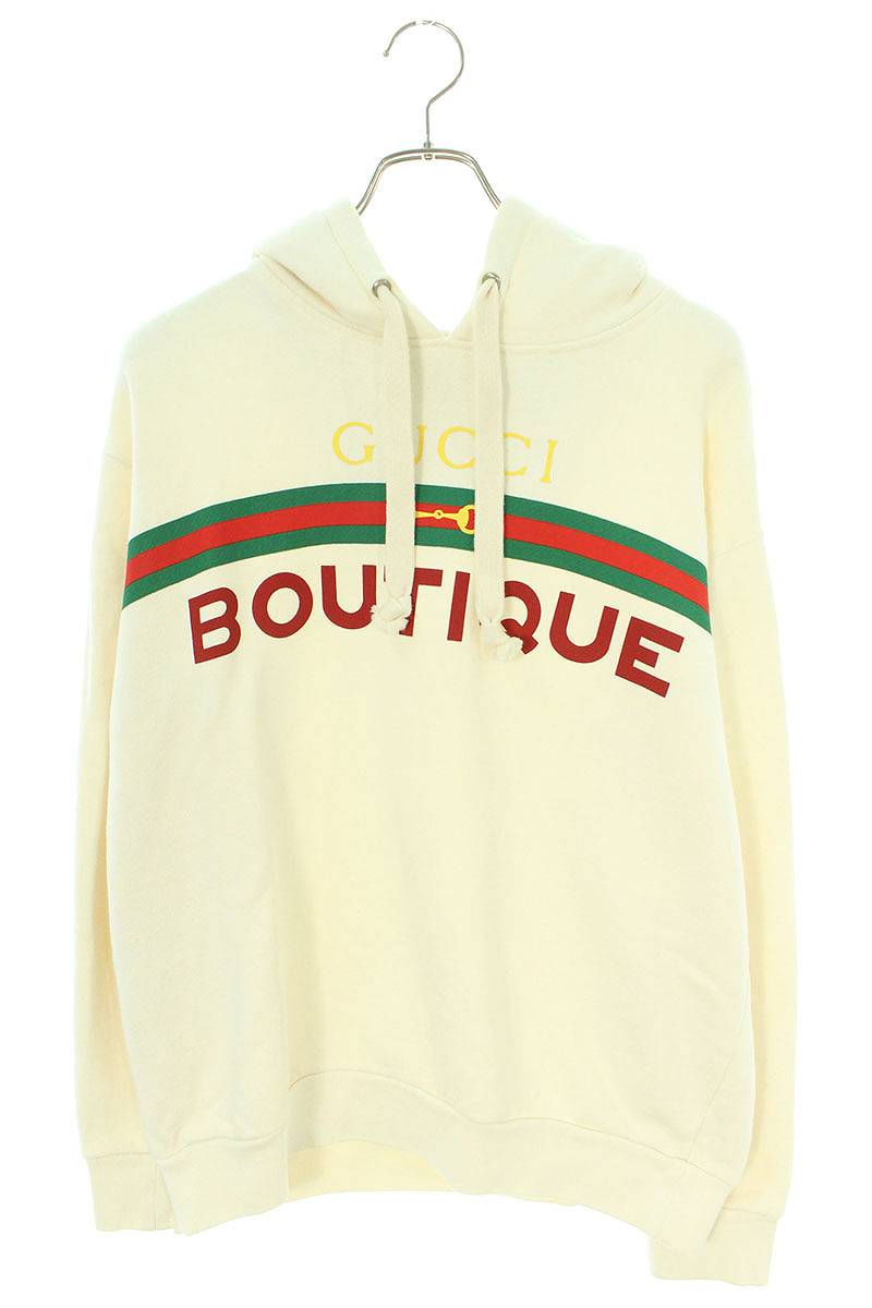 グッチ GUCCI　サイズ:S 615061 XJCKX BOUTIQUEフロントロゴプリントパーカー(オフホワイト)【605042】【OM10】【メンズ】【中古】bb205#rinkan*B