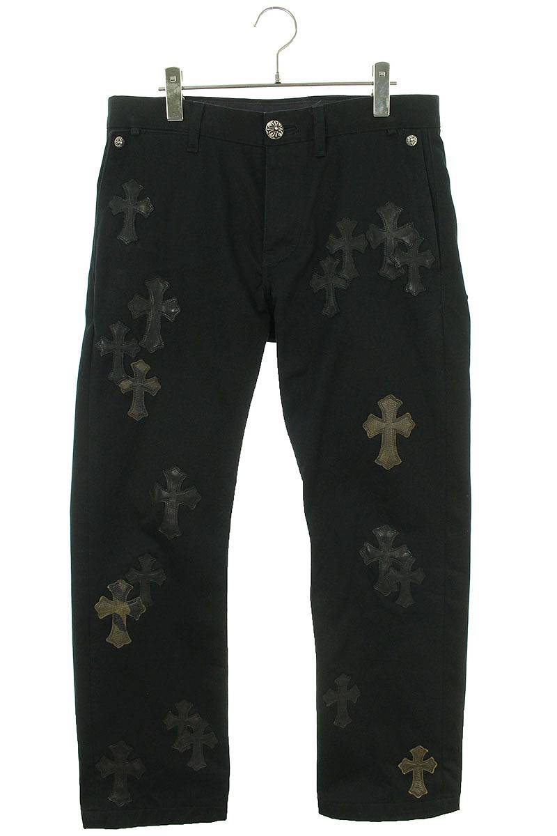 クロムハーツ Chrome Hearts　サイズ:32インチ CHINOS CEM CRS PTCH クロスパッチ付きレザー切替チノロングパンツ(ブラック×カーキ×シルバー)【215042】【OM10】【メンズ】【中古】bb344#rinkan*B