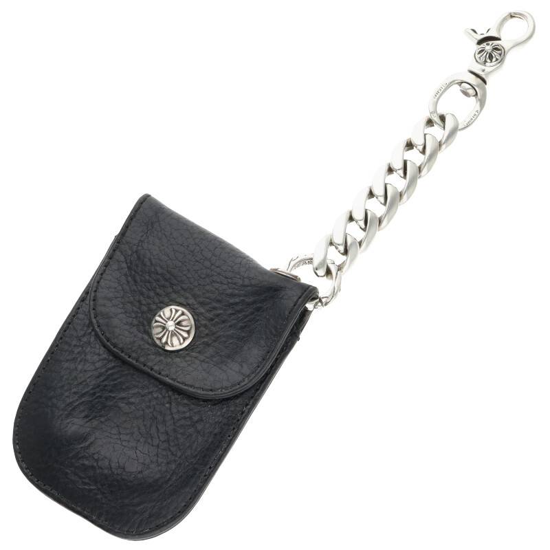 クロムハーツ Chrome Hearts　 KEY CASE CRASSIC CHAIN レザーケース付きシルバーキーチェーン(ブラック×シルバー 総重量100.80g)【815042】【OS06】【小物】【中古】bb410#rinkan*B