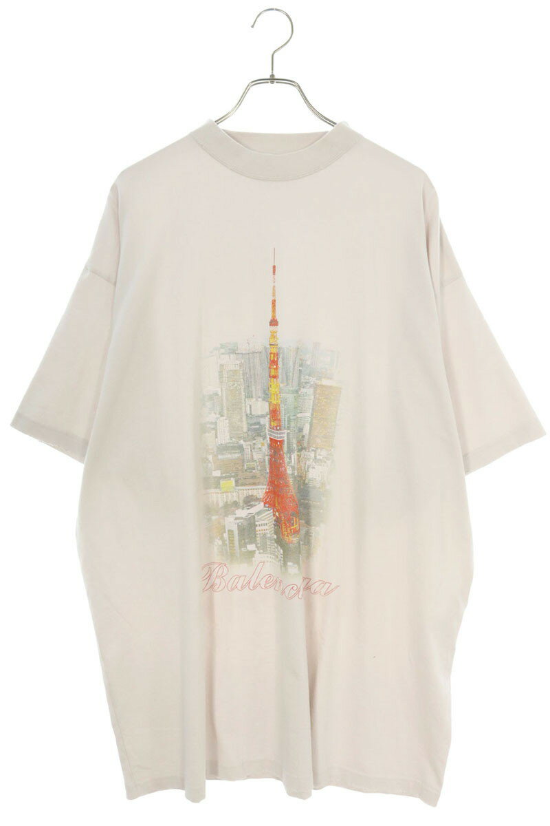 バレンシアガ BALENCIAGA サイズ:4 24AW 787349 TQV75 ヴィンテージ加工タワープリントTシャツ(ホワイト調)【427042】【BS5...