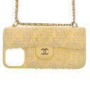 シャネル CHANEL カードホルダー付きツイードアイフォンケース(イエロー)【109042】【OM10】【小物】【中古】bb297#rinkan*B