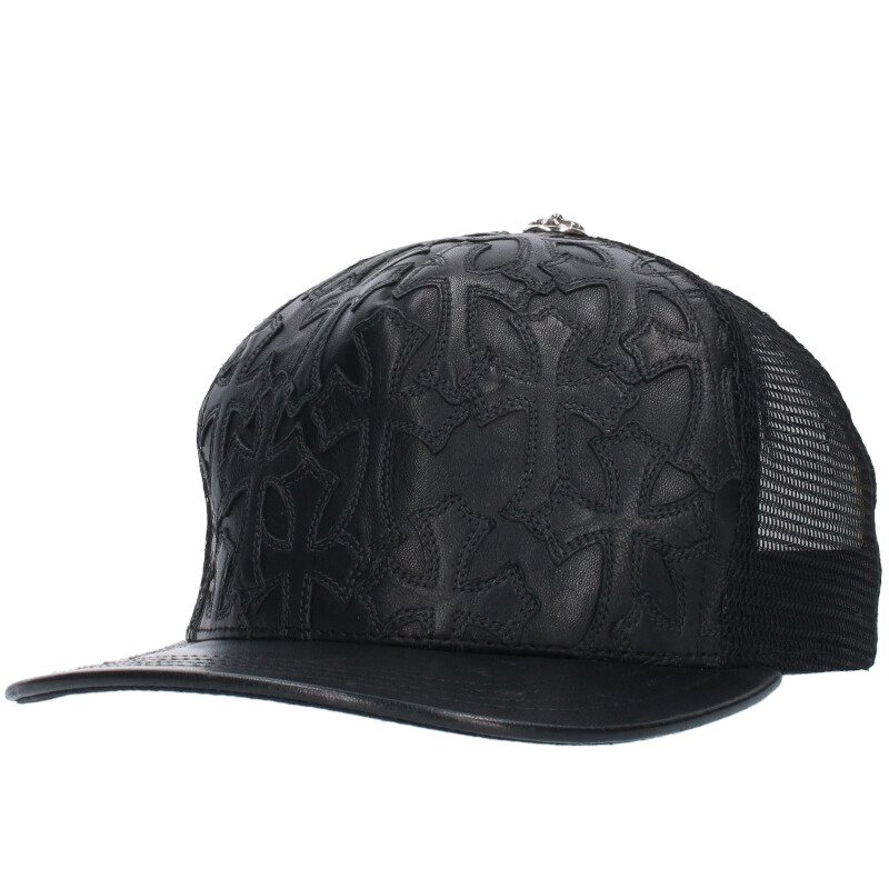 クロムハーツ Chrome Hearts TRUCKER CAP CEME セメタリートラッカー レザーセメタリークロスパッチキャップ(ブラック×シルバー)【708042】【OS06】【小物】【中古】bb415#rinkan*C