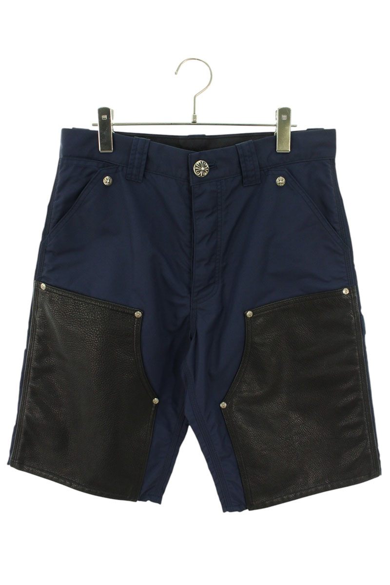 クロムハーツ Chrome Hearts サイズ:30インチ CARPENTER クロスパッチ付きレザー切替ナイロンカーペンターハーフパンツ(ネイビー×イエロー)【012142】【SJ02】【メンズ】【中古】bb415#rinkan*A