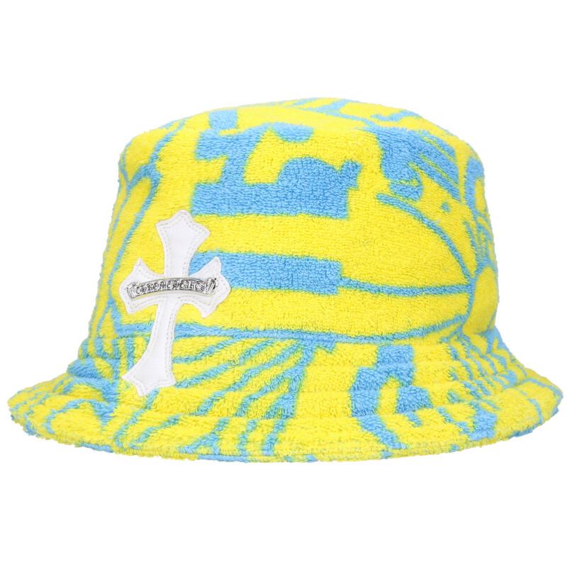 クロムハーツ Chrome Hearts サイズ:L HAT U CHUM FBRC クロスパッチラベル付きパイル総柄バケットハット(イエロー×ブルー)【010...