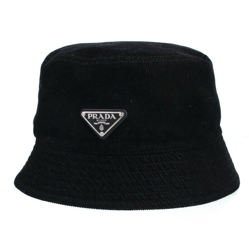 プラダ PRADA サイズ:XL 2HC137 三角プレートコーデュロイバケットハット(ブラック)【401052】【SB01】【小物】【中古】bb356#rinkan*B