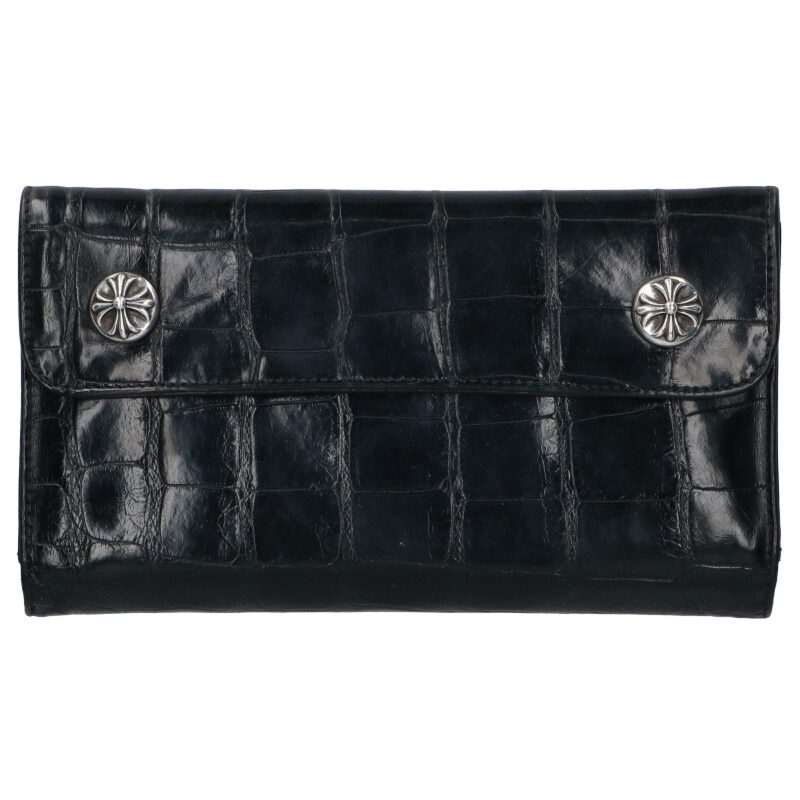 クロムハーツ Chrome Hearts WAVE ALLIGATOR ウェーブアリゲーター クロスボールボタンアリゲーターレザーウォレット財布(ブラック×シ...