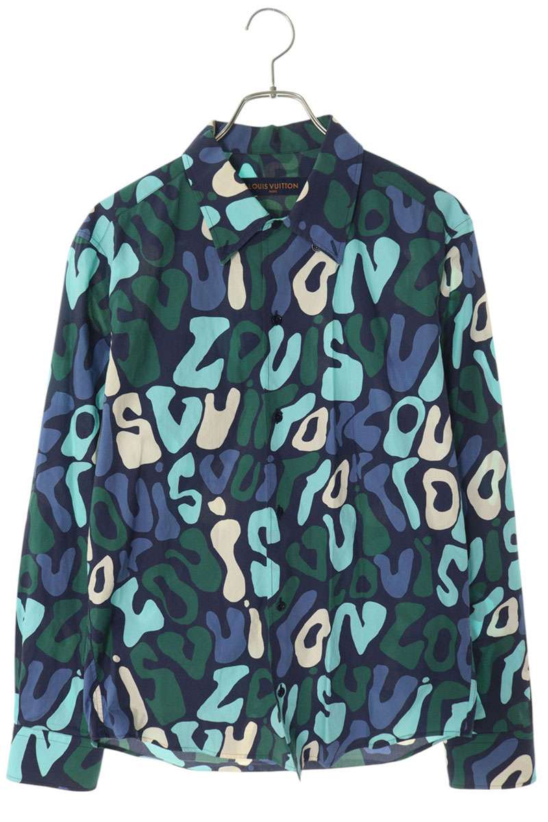 ルイヴィトン LOUISVUITTON サイズ:S 23SS RM231Q TB0 HOS54W グラフィックロゴ総柄長袖シャツ(ブルー×グリーン)【601052】【SS13】【メンズ】【中古】bb132#rinkan*B
