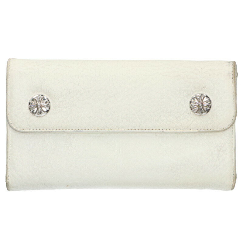クロムハーツ Chrome Hearts WAVE CROSS BALL ウェーブ クロスボールボタンレザーウォレット財布(ホワイト×シルバー)【211052】【SS07】【小物】【中古】bb396#rinkan*B