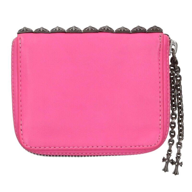 クロムハーツ Chrome Hearts 3 SIDE ZIP 3サイドジップ サイドピラミッドスタッズレザーウォレット財布(ピンク×シルバー)【623052...