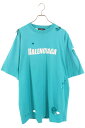 バレンシアガ BALENCIAGA サイズ:XXS 21SS 651795 TKVB8 デストロイ加工ロゴプリントTシャツ(グリーン×ホワイト)【304052】...