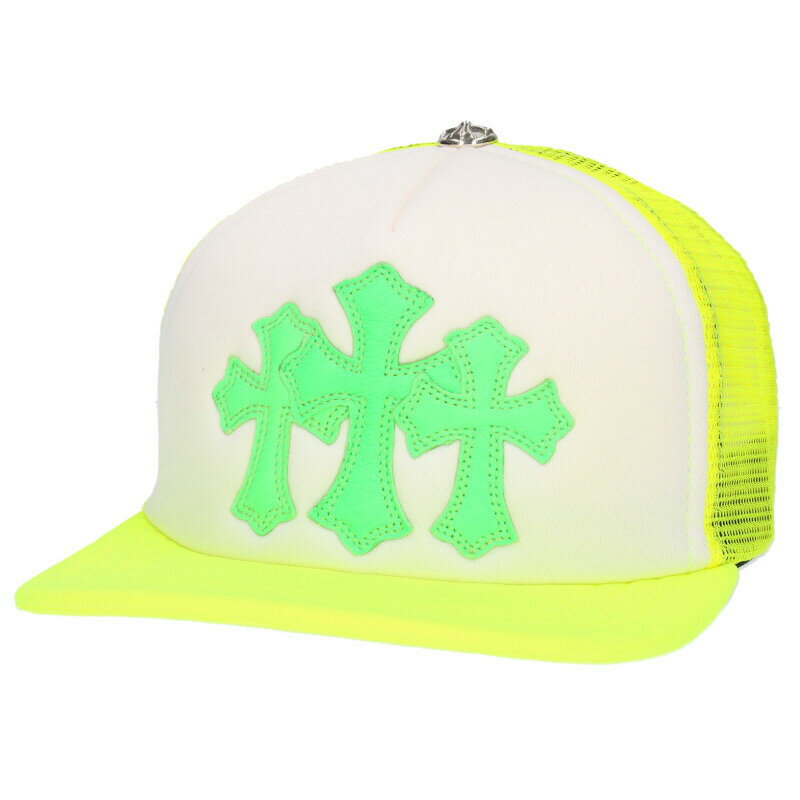 クロムハーツ Chrome Hearts　サイズ:ONE SIZE TRUCKER CAP トラッカーキャップ 3セメタリーレザーパッチメッシュキャップ(イエロー×ホワイト×シルバー)【414052】【OM10】【小物】【中古】bb205#rinkan*S