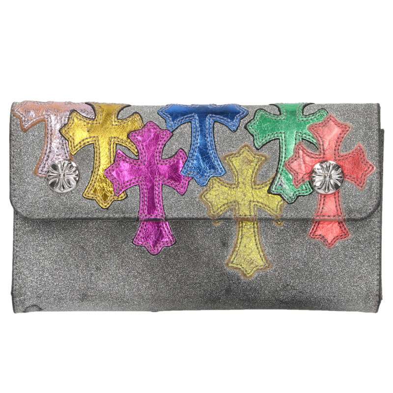 クロムハーツ Chrome Hearts WAVE CROSS BALL ウェーブ マルチカラークロスパッチグリッター財布(シルバー調×マルチ)【414052...