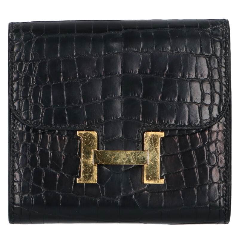 エルメス HERMES コンスタンスコンパクト C刻印 G金具アリゲーター財布(ブラック×ゴールド)【514052】【GZ14】【小物】【中古】bb382#r...