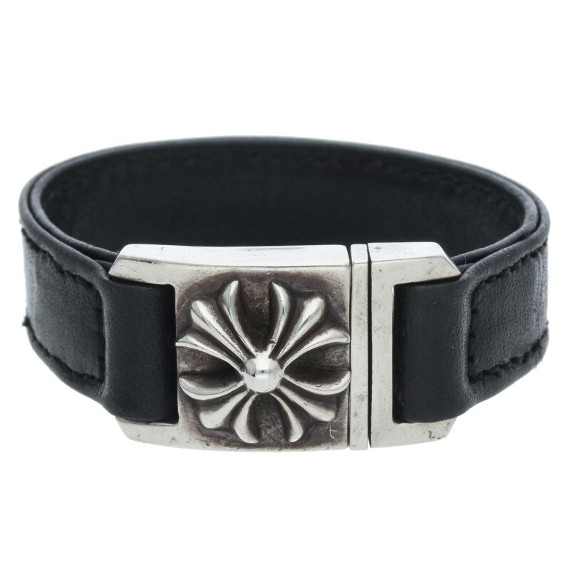 楽天RINKANクロムハーツ Chrome Hearts　サイズ:7 HARNESS CLASP ハーネスクラスプ レザーブレスレット（ブラック×シルバー 総重量40.01g）【405052】【NO05】【小物】【中古】bb450#rinkan*B