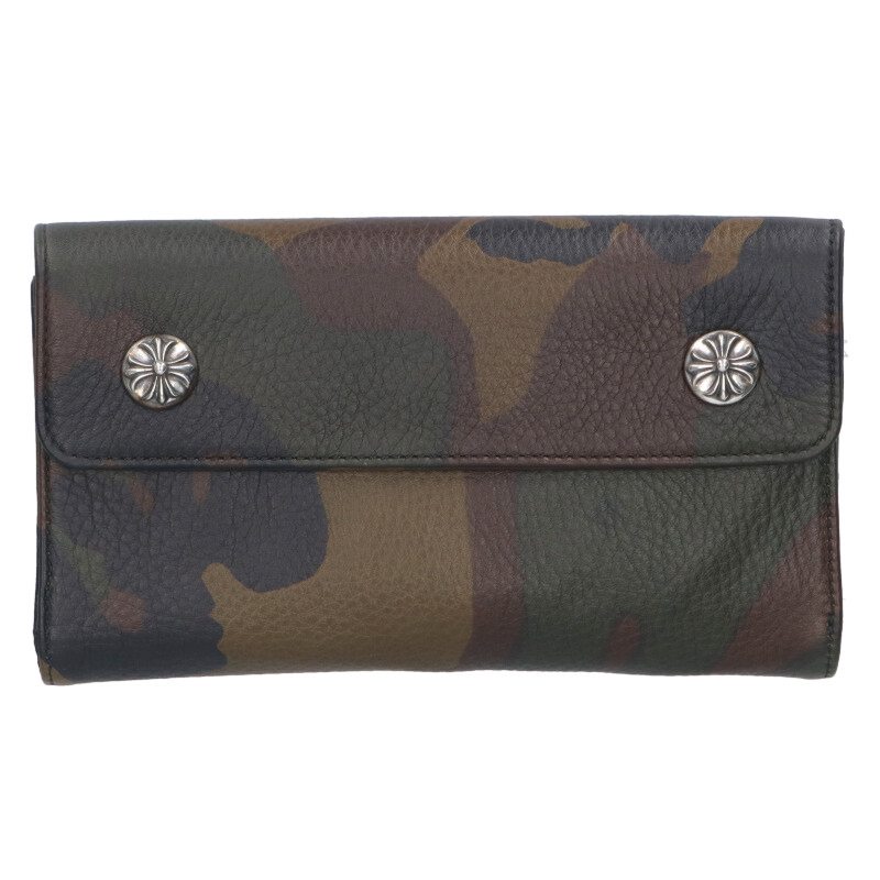 クロムハーツ Chrome Hearts WAVE CROSS BALL ウェーブ クロスボールボタンレザーウォレット財布(グリーン×シルバー)【105052...