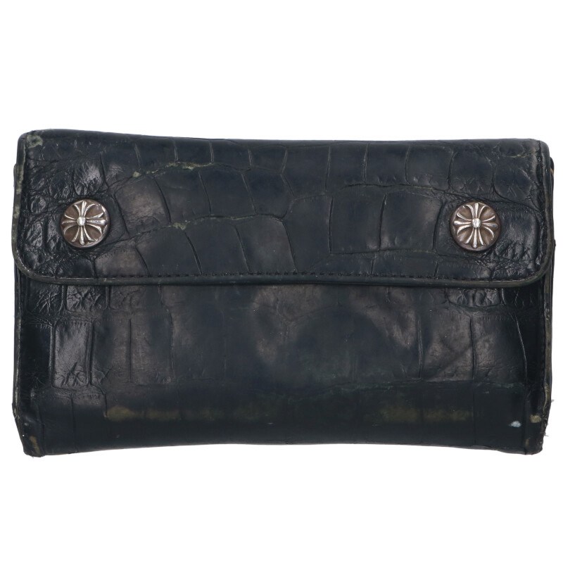 クロムハーツ Chrome Hearts WAVE ALLIGATOR ウェーブアリゲーター クロスボタンアリゲーターレザーウォレット財布(ブラック×シルバー...