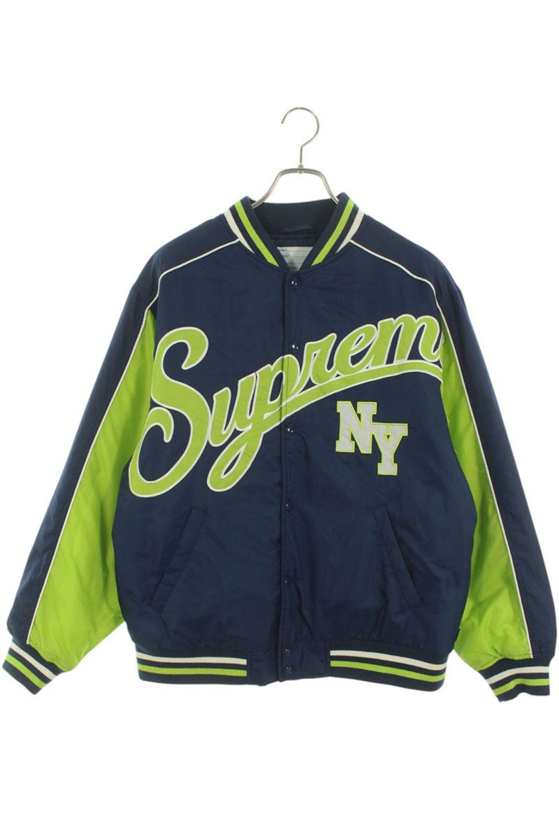 楽天RINKANシュプリーム SUPREME　サイズ:M CONTRAST SCRIPT VARSITY JACKET コントラストスクリプトバーシティブルゾン（ネイビー×グリーン）【106052】【BS99】【メンズ】【中古】bb379#rinkan*B